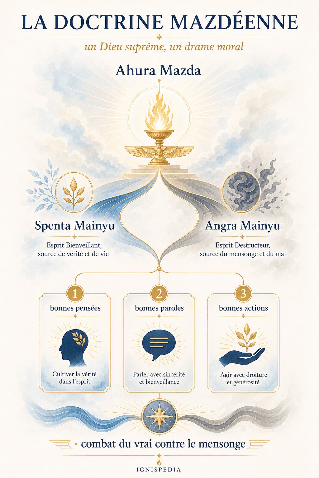 Infographie du système théologique mazdéen autour d'Ahura Mazda