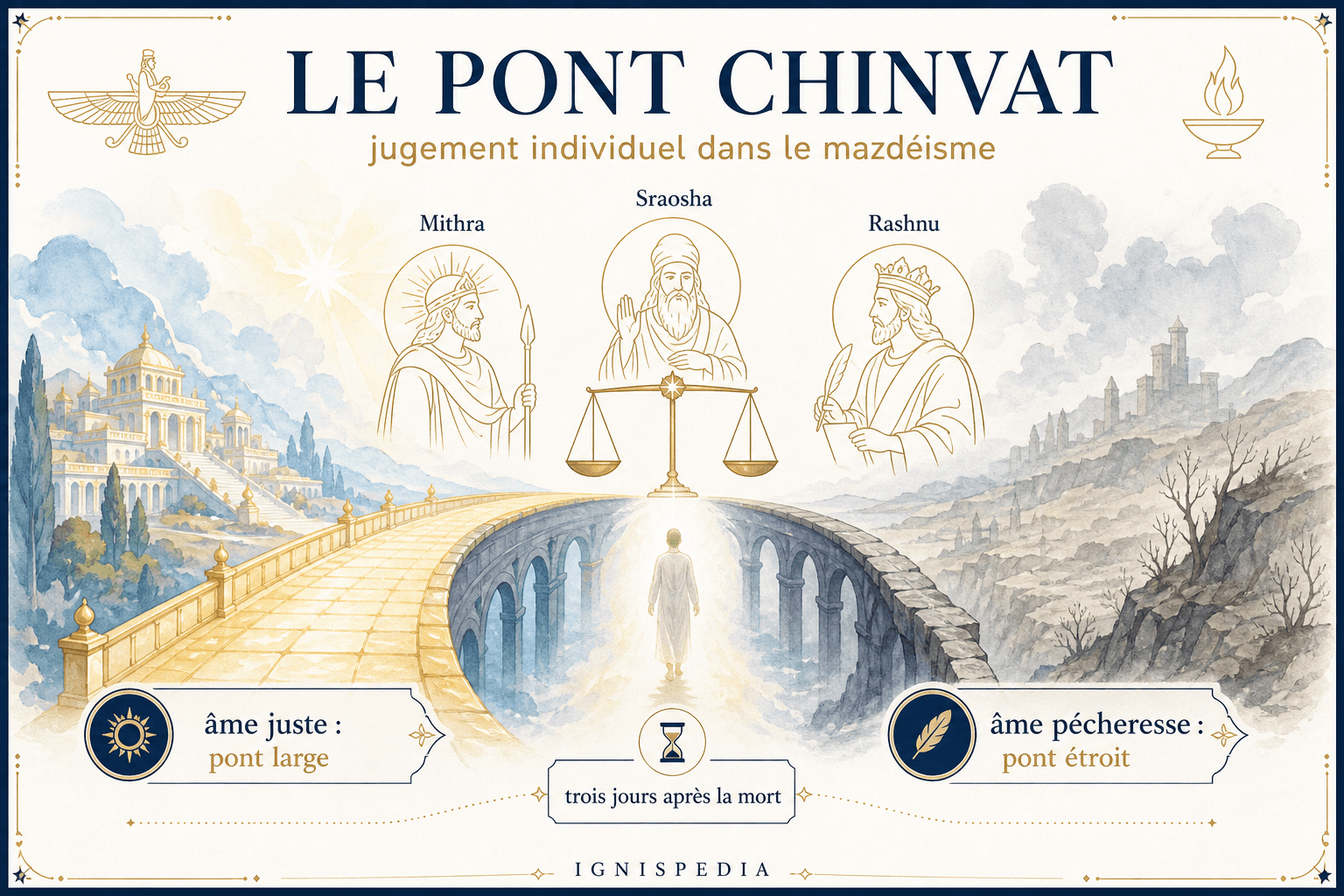 Infographie du pont Chinvat et du jugement de l'âme