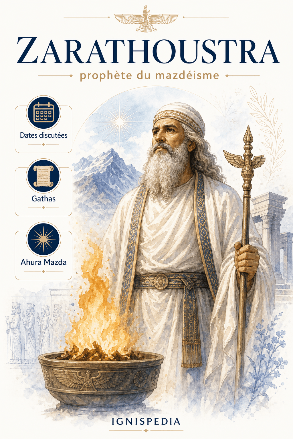 Portrait illustré de Zarathoustra devant le feu sacré