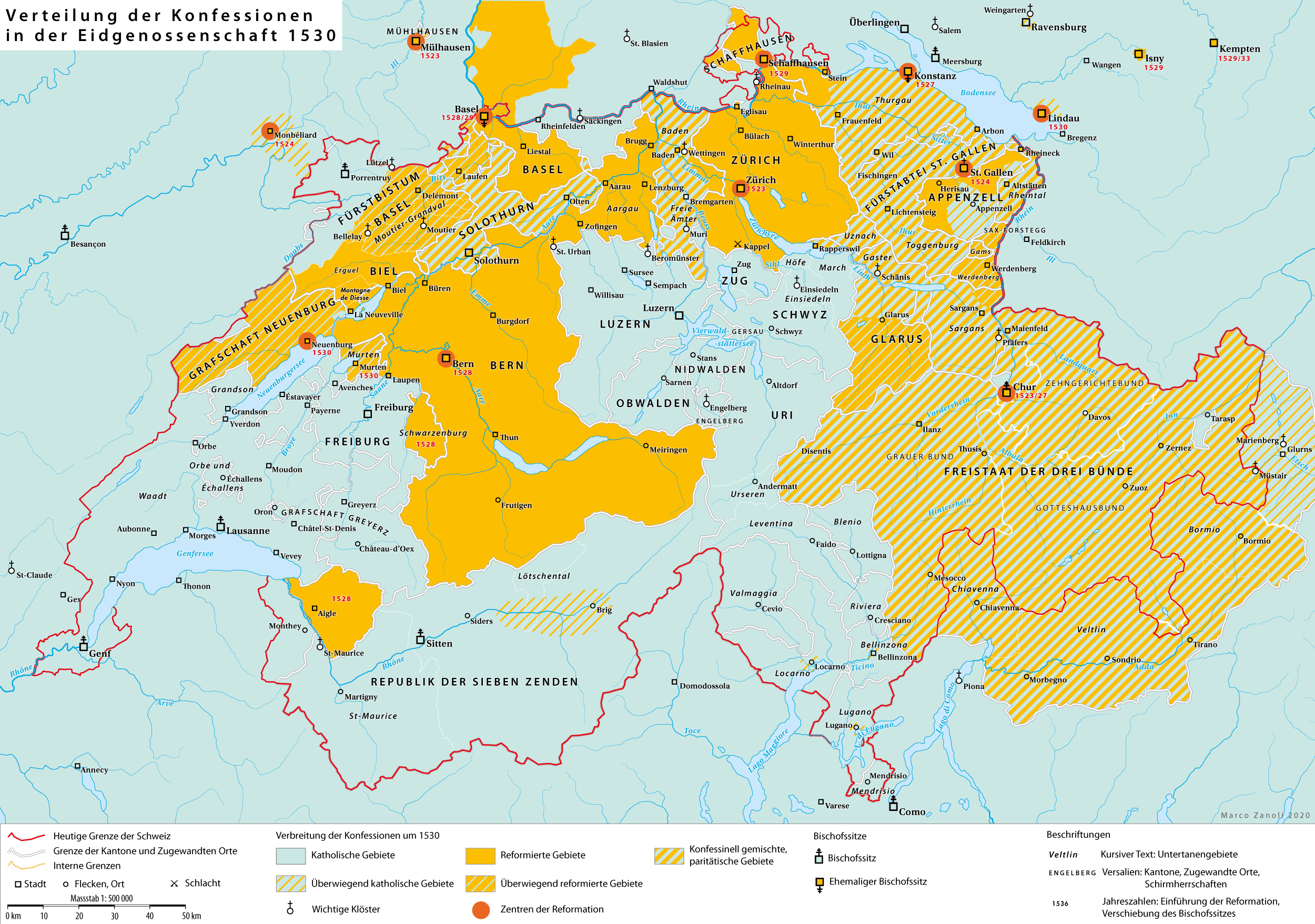 Carte historique de la Suisse vers 1530 montrant les cantons réformés, catholiques et les territoires mixtes, avec Zurich et Kappel.