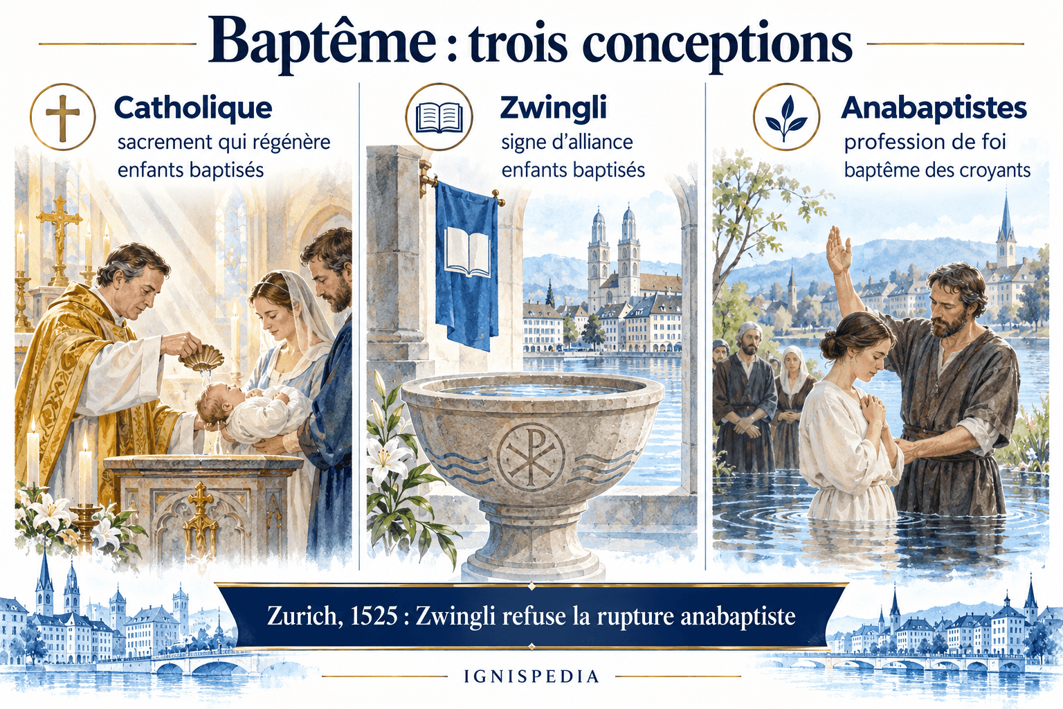 Trois conceptions du baptême des enfants : catholique, zwinglienne et anabaptiste.