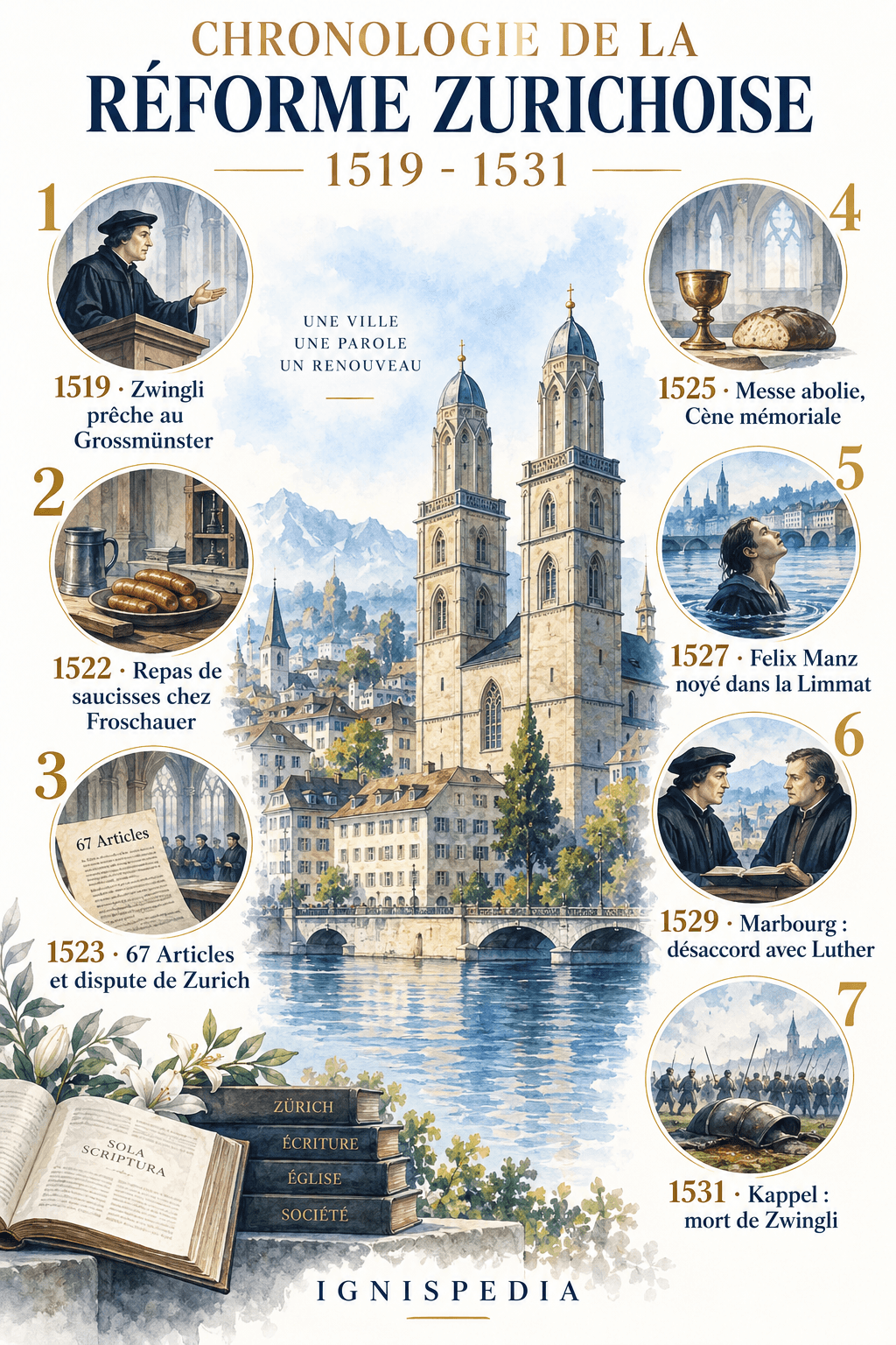 Sept jalons de la Réforme zurichoise, de la prédication de Zwingli en 1519 à sa mort à Kappel en 1531.
