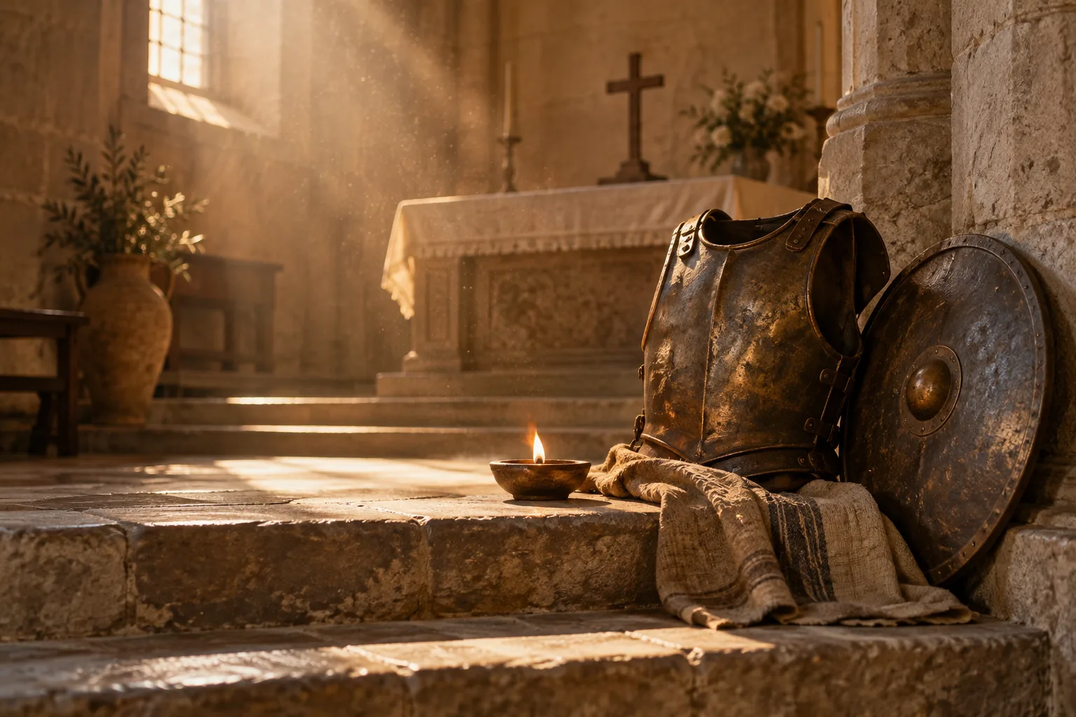 A suit of armor and a shield laid before an altar, lit by the dawn and a burning lamp.
