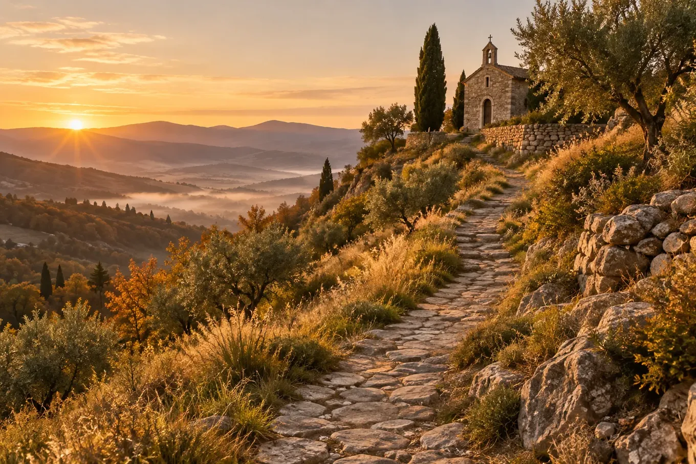 A stone path climbs gently toward a chapel in the morning light.