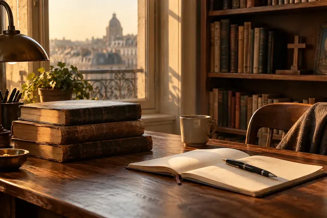 كتب مفتوحة ودفتر مفتوح على طاولة عمل