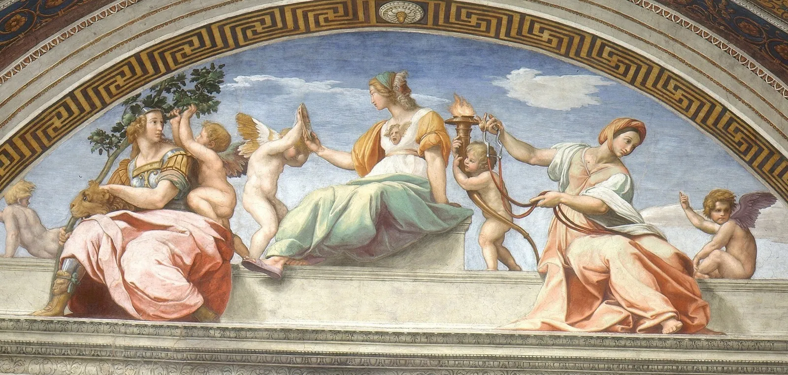 Raphael’s Virtues: Fortitude, Prudence and Temperance, with the figures of Faith, Hope and Charity.
